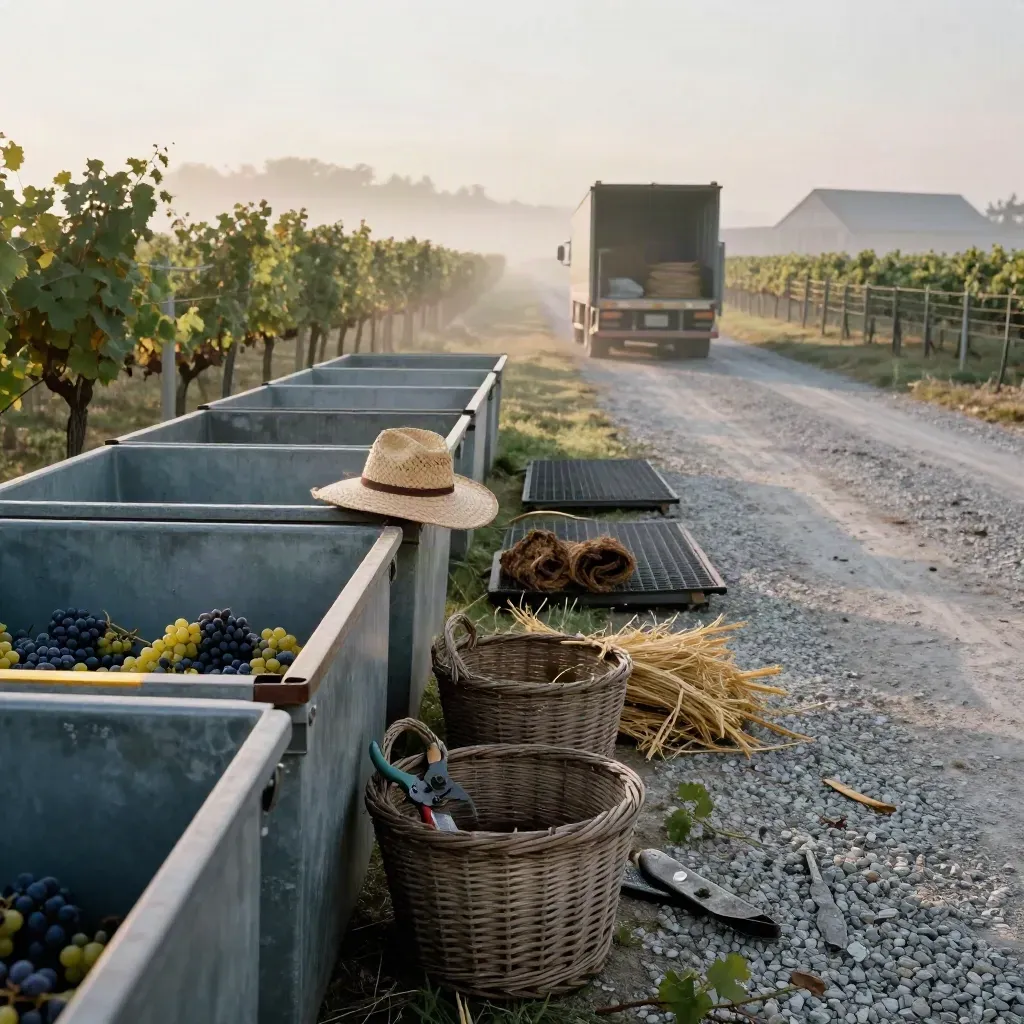 Harvest bins and wicker baskets beside a vineyard crush pad as a truck backs in at sunrise.