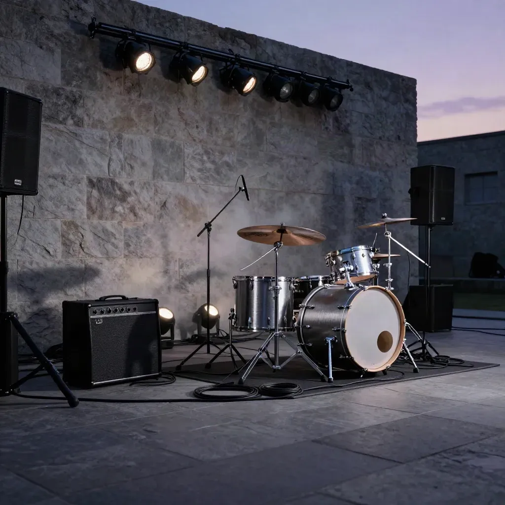 Empty outdoor stage at dusk with drum kit, amp, cables, haze, and purple wash lights.