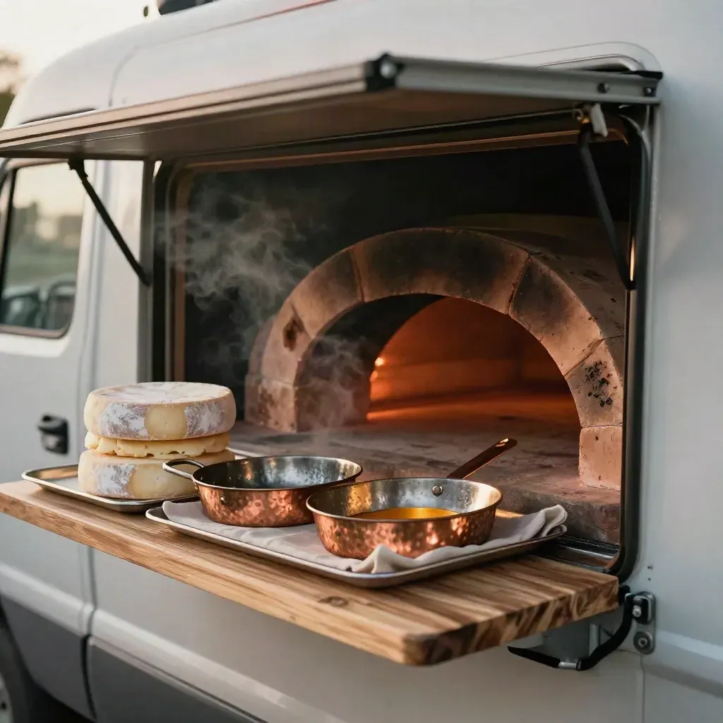 Close-up of a wood-fired pizza truck window with cheese wheels, copper pans, and steam.