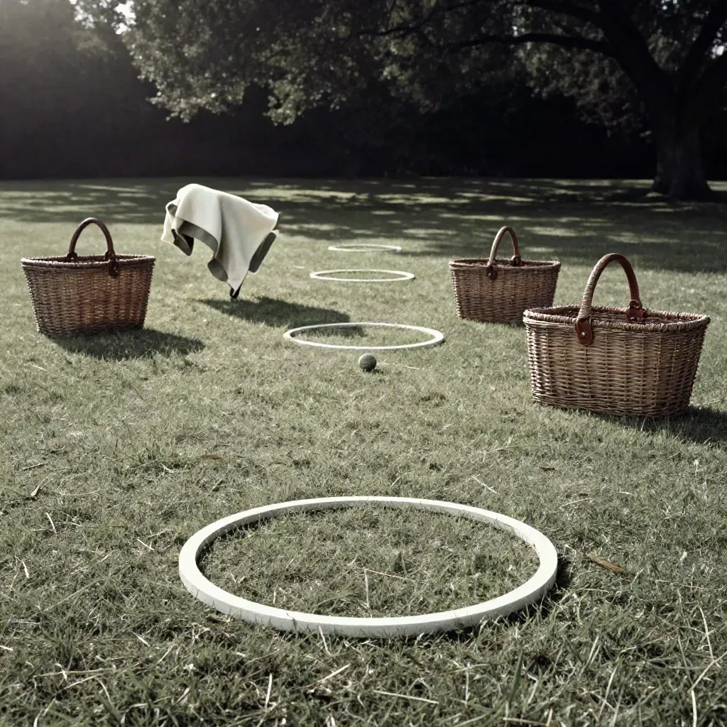 Croquet hoops, picnic baskets, and a folded blanket on a shady lawn in soft afternoon light